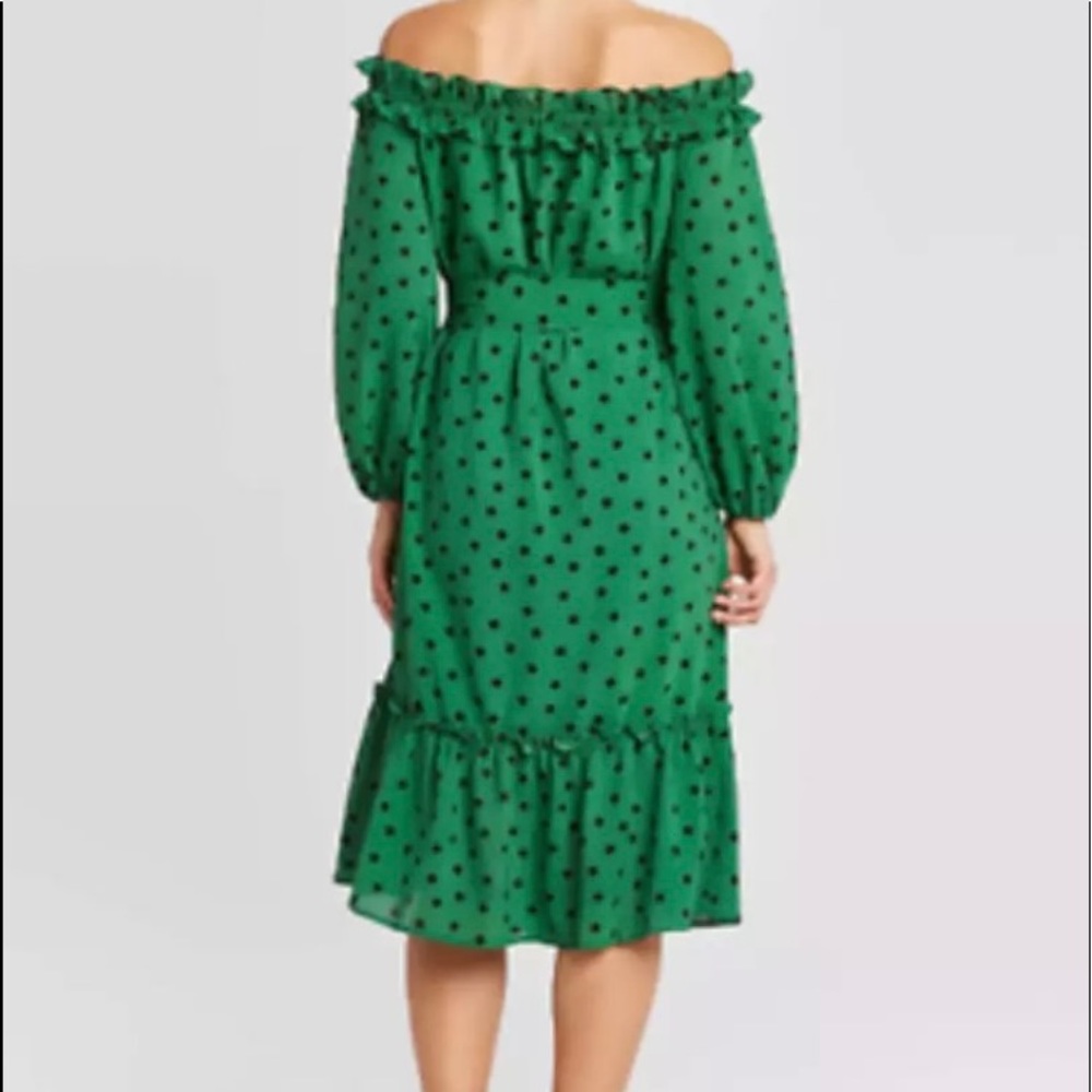 New! Green Off The Shoulder Belted Polka Dot Dress - Picture 2 of 3